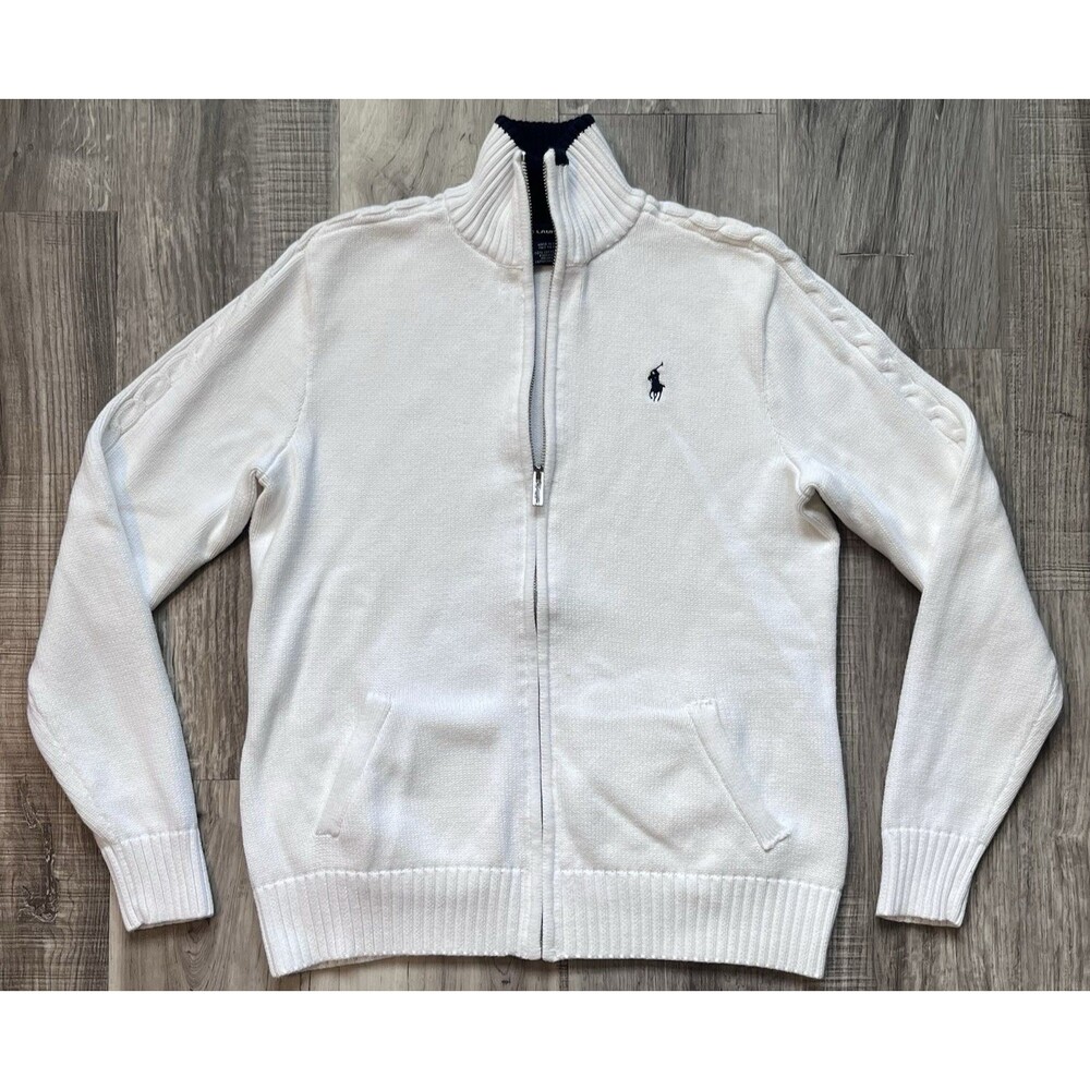 Ralph Lauren Sport Full Zip Sweater Women Large White Cable Knit Cotton Preppy